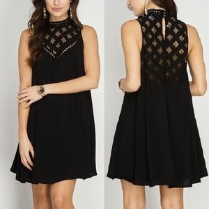 Lace Mock Neck Sleeveless Swing Dress